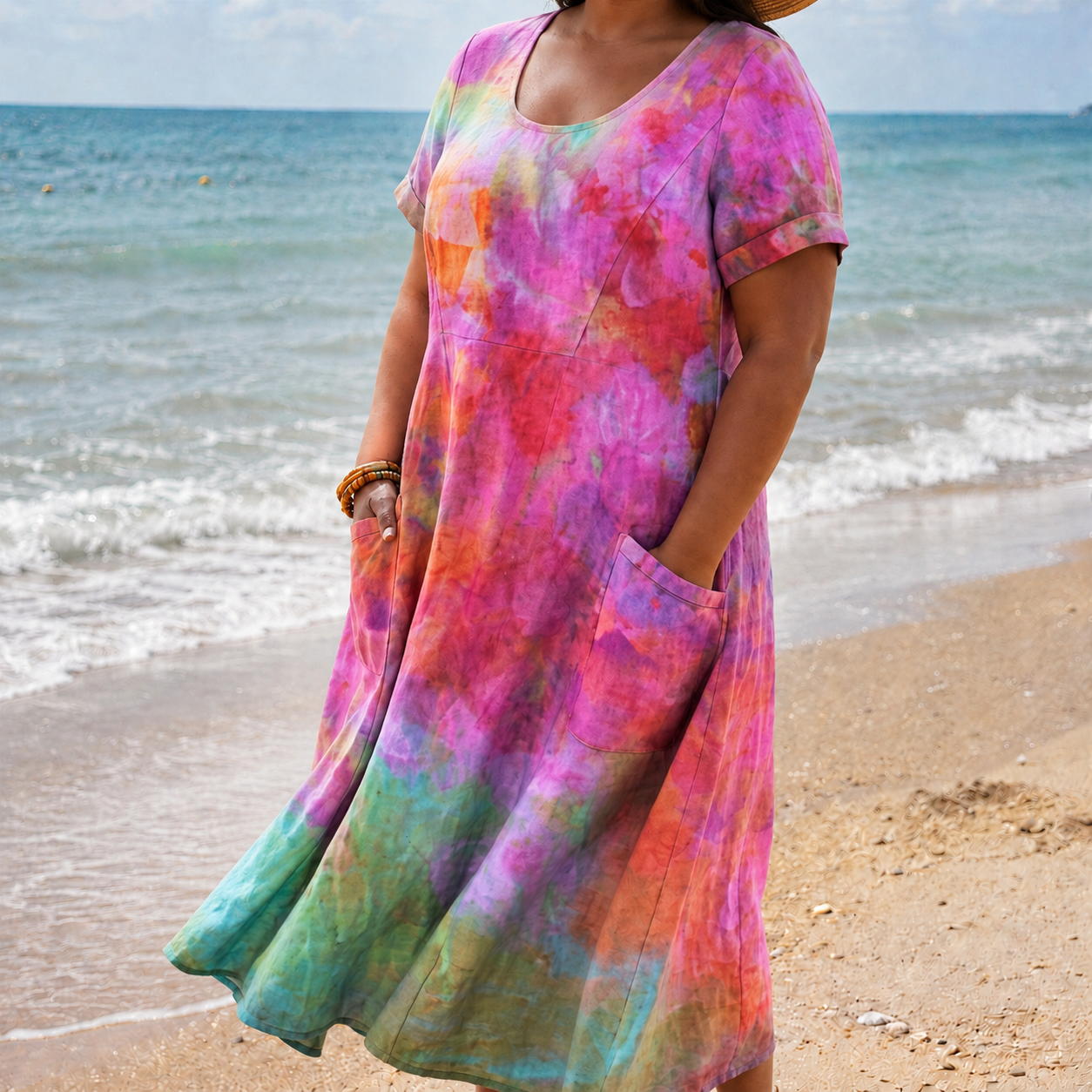 Ruby | Linen Tie-Dye V-Neck Midi Dress