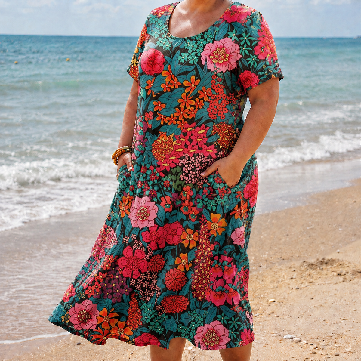 Wanda | Short Sleeve Linen Floral Round Neck Midi Dress