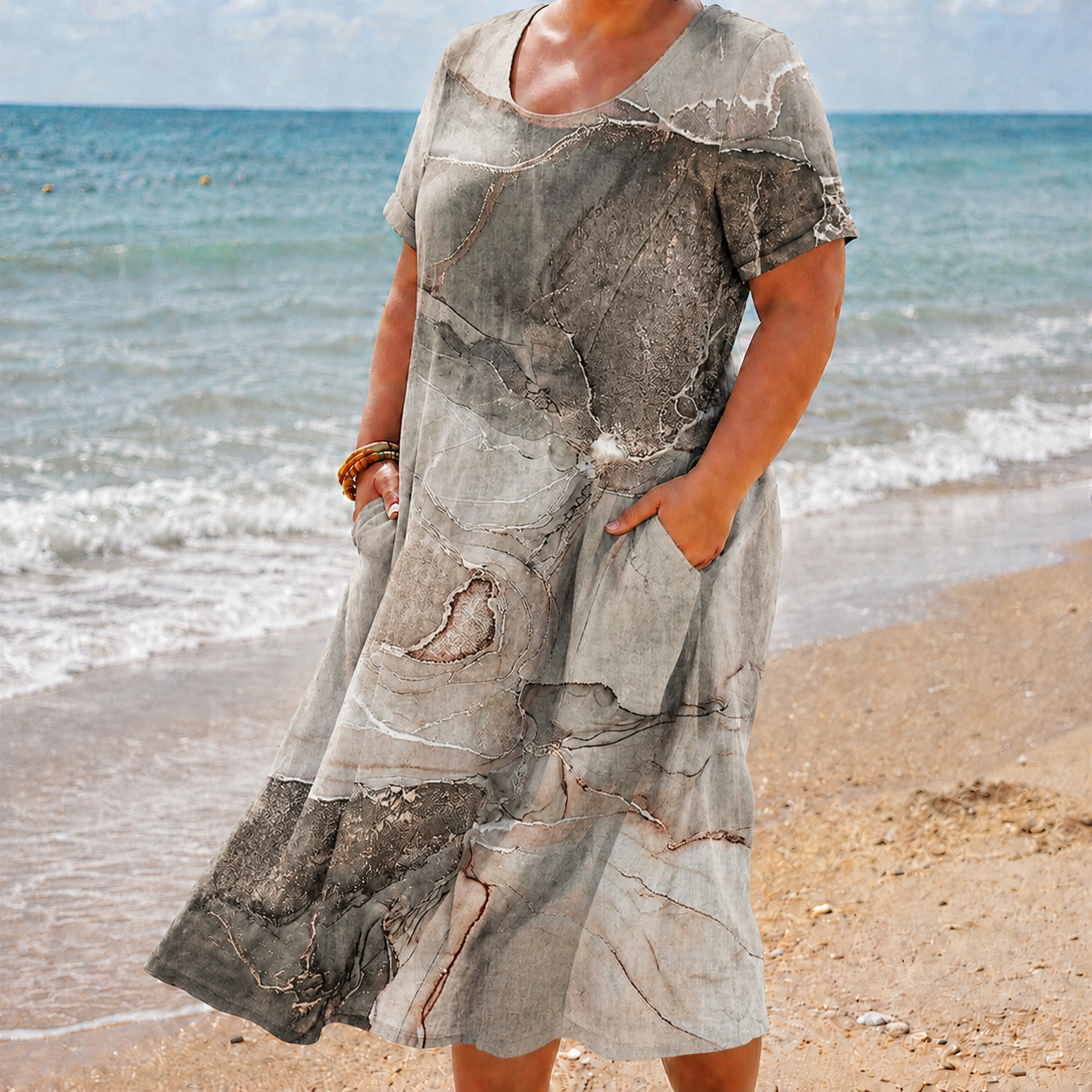 Kerry | Linen Abstract Round Neck Knee-Length Dress
