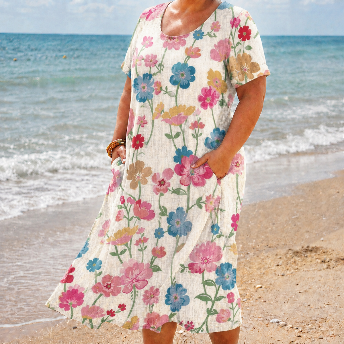 Willow | Linen Floral Round Neck Knee-Length Dress