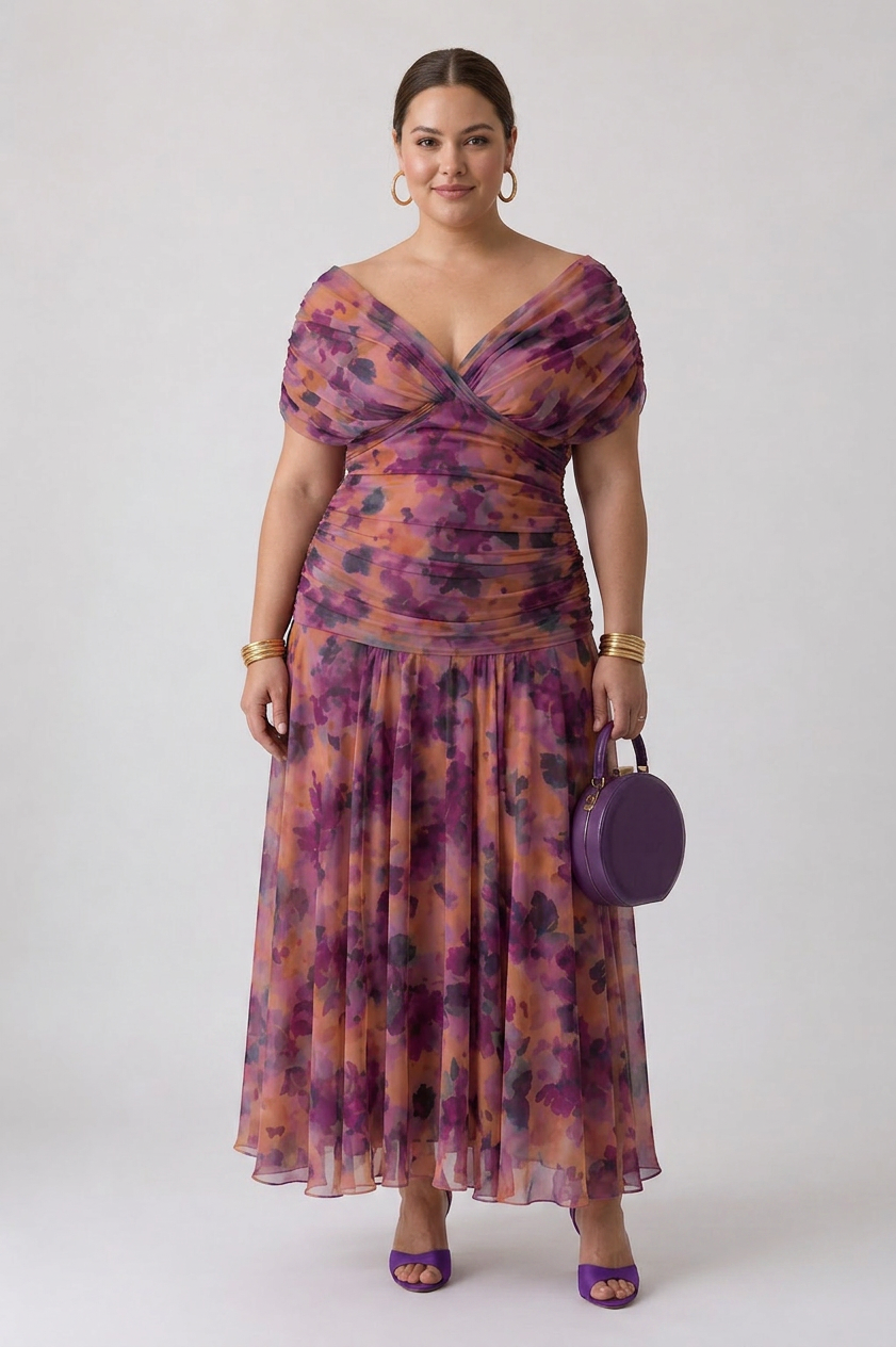 Marlene | Chiffon Floral Off-Shoulder Midi Dress