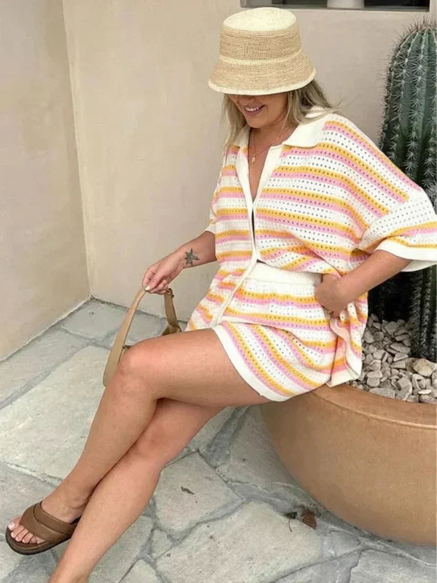 Reagan | Crochet Striped Collared Two-Piece Shorts Set