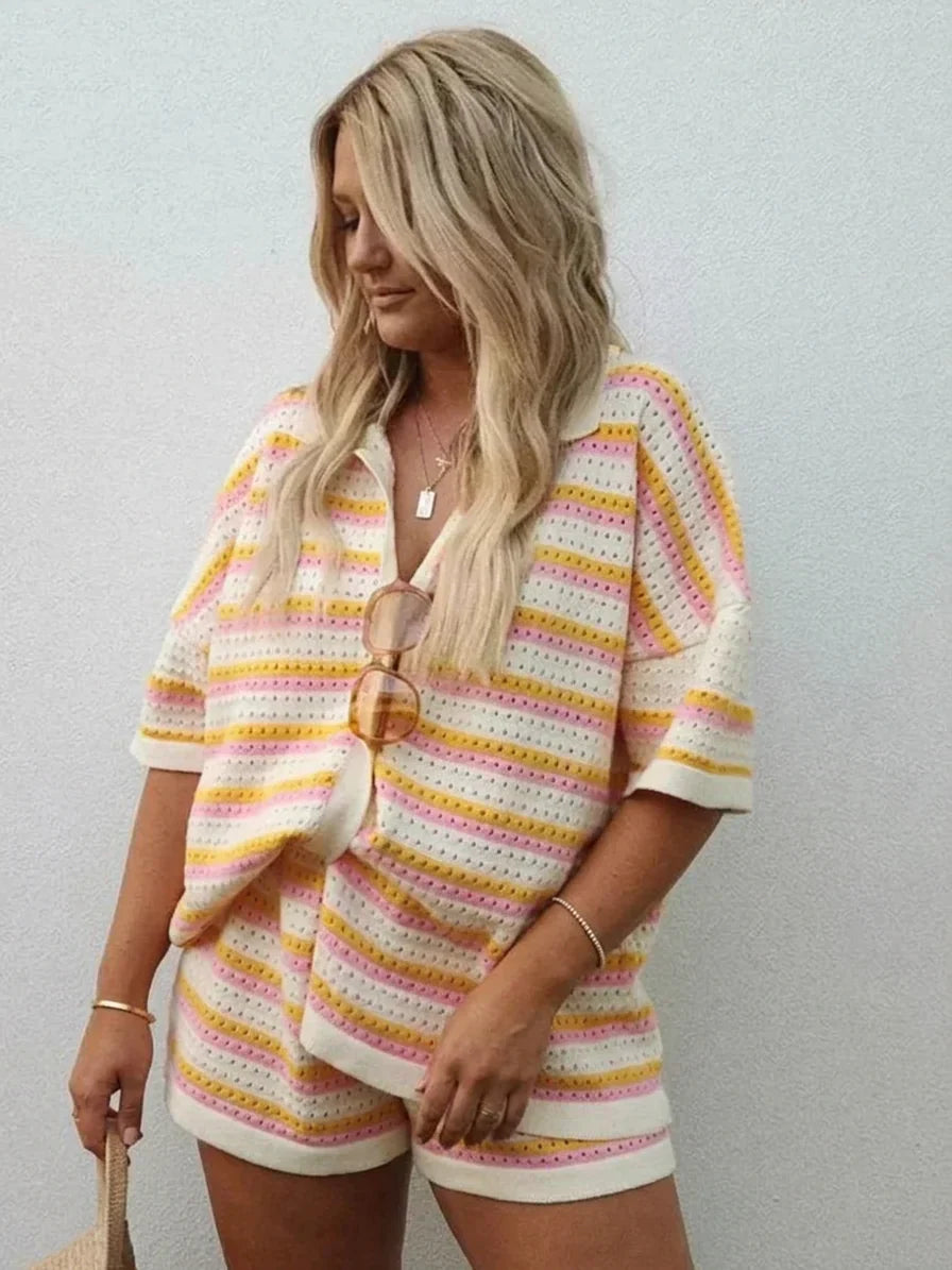 Reagan | Crochet Striped Collared Two-Piece Shorts Set