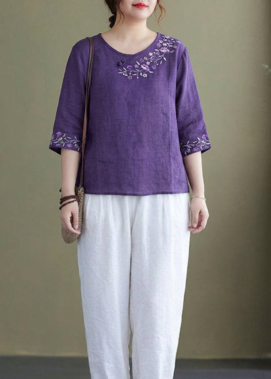 Sabrina | Linen Floral Round Neck Top