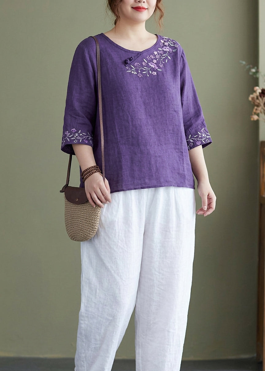 Sabrina | Linen Floral Round Neck Top