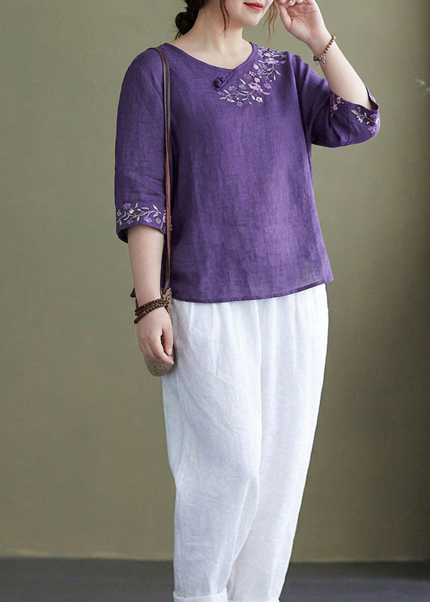 Sabrina | Linen Floral Round Neck Top