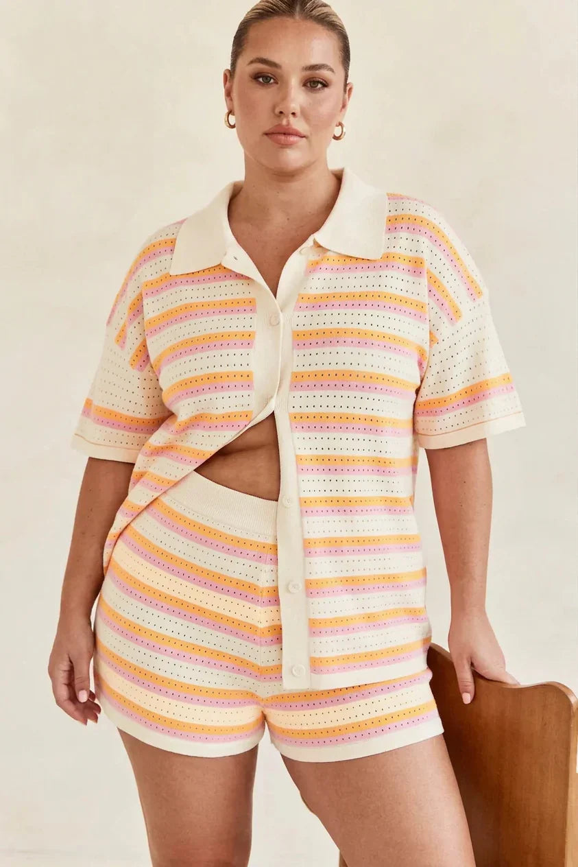 Reagan | Crochet Striped Collared Two-Piece Shorts Set