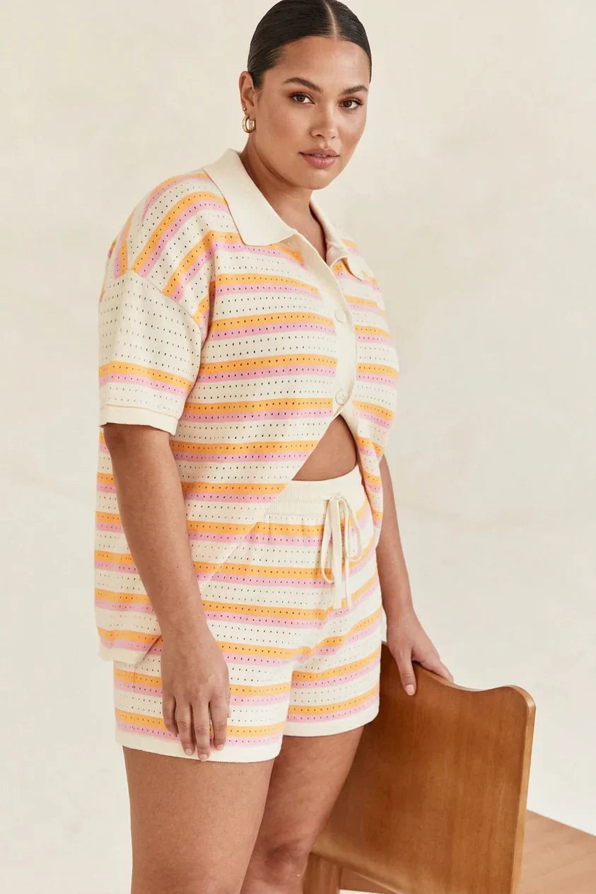 Reagan | Crochet Striped Collared Two-Piece Shorts Set