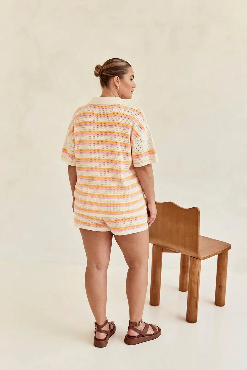 Reagan | Crochet Striped Collared Two-Piece Shorts Set