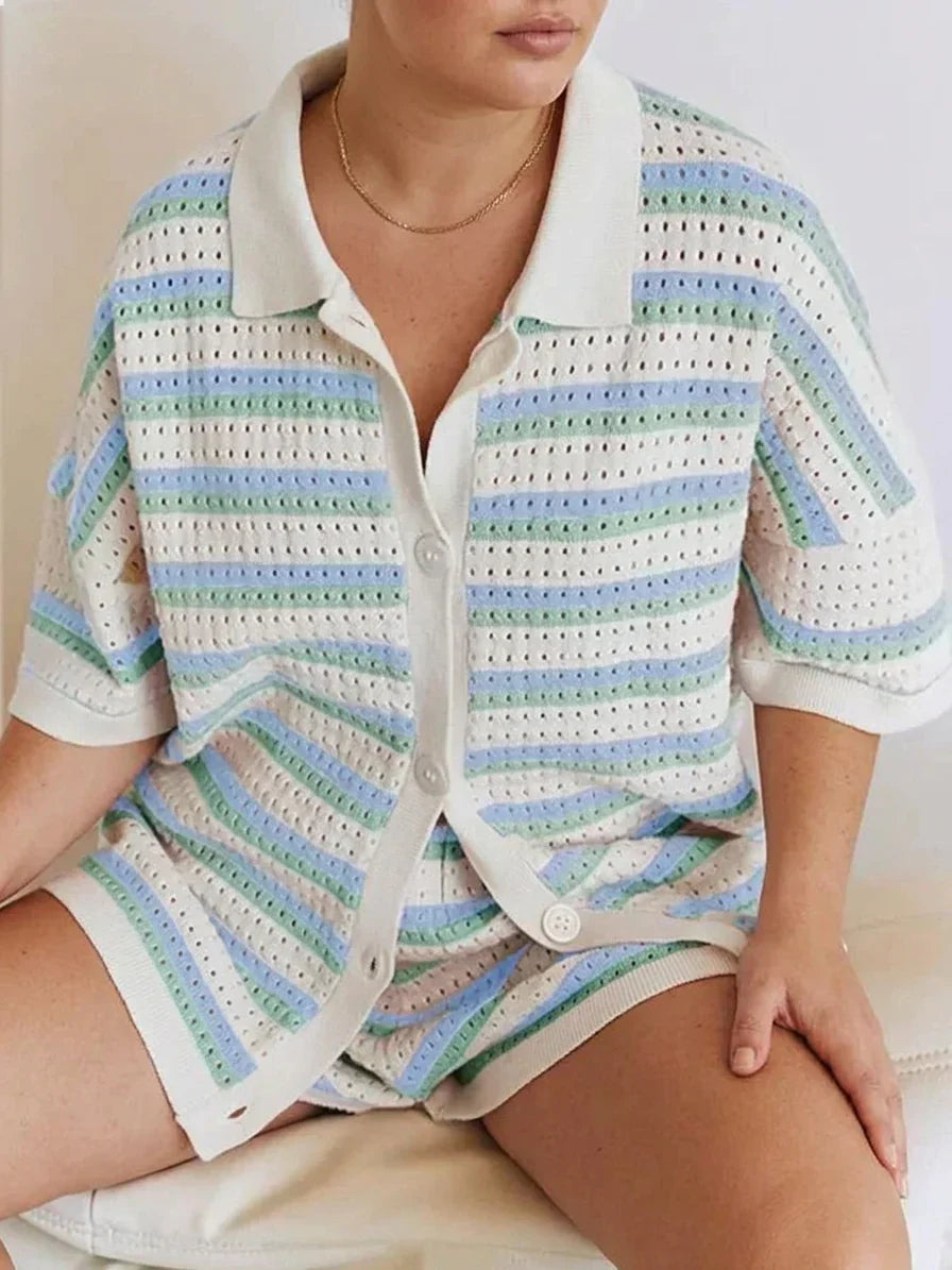 Reagan | Crochet Striped Collared Two-Piece Shorts Set