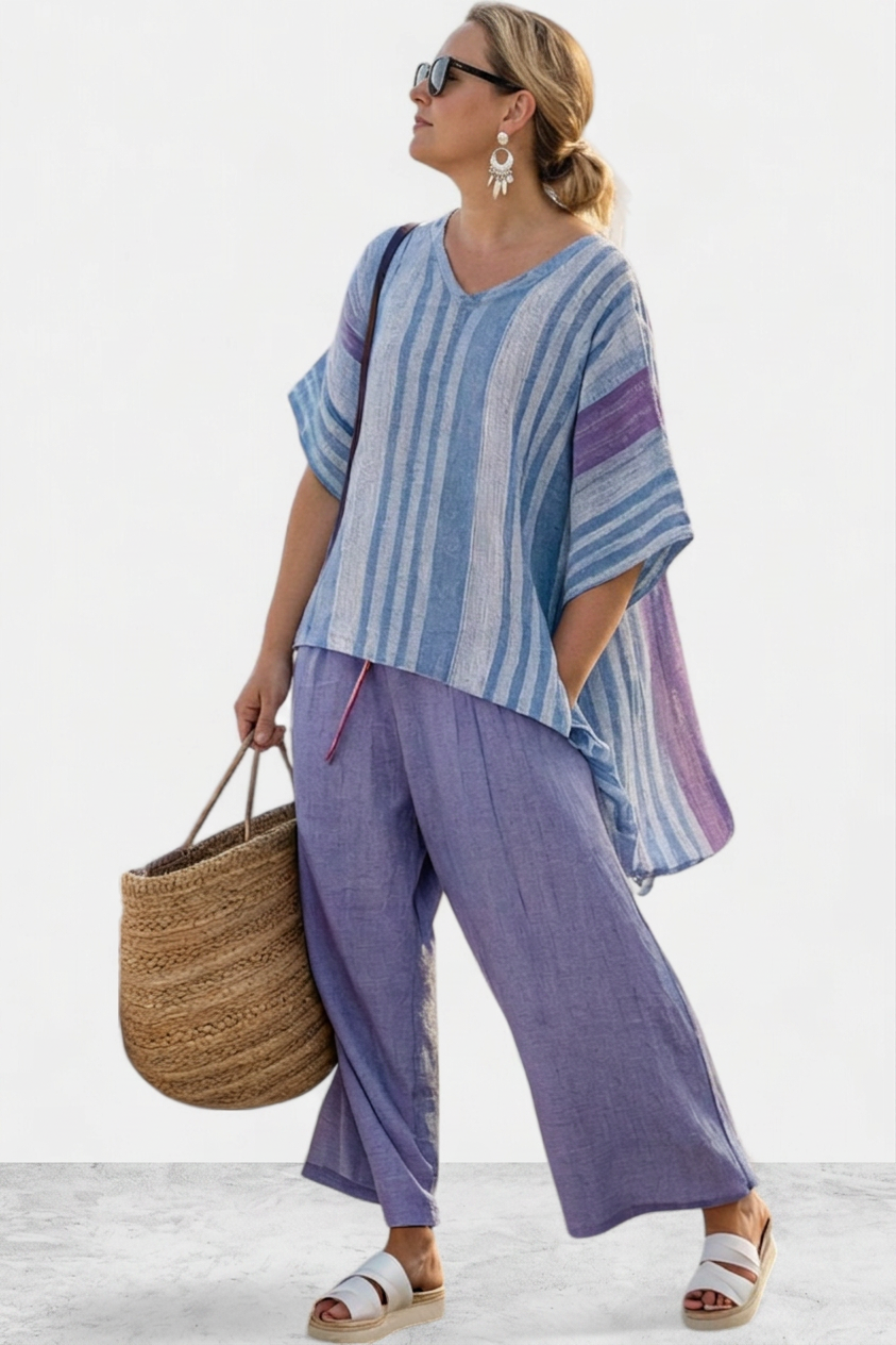 Beverly | Linen Striped V-Neck Two-Piece Set