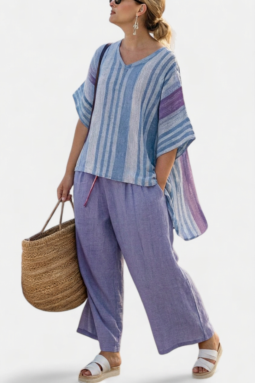 Beverly | Linen Striped V-Neck Two-Piece Set