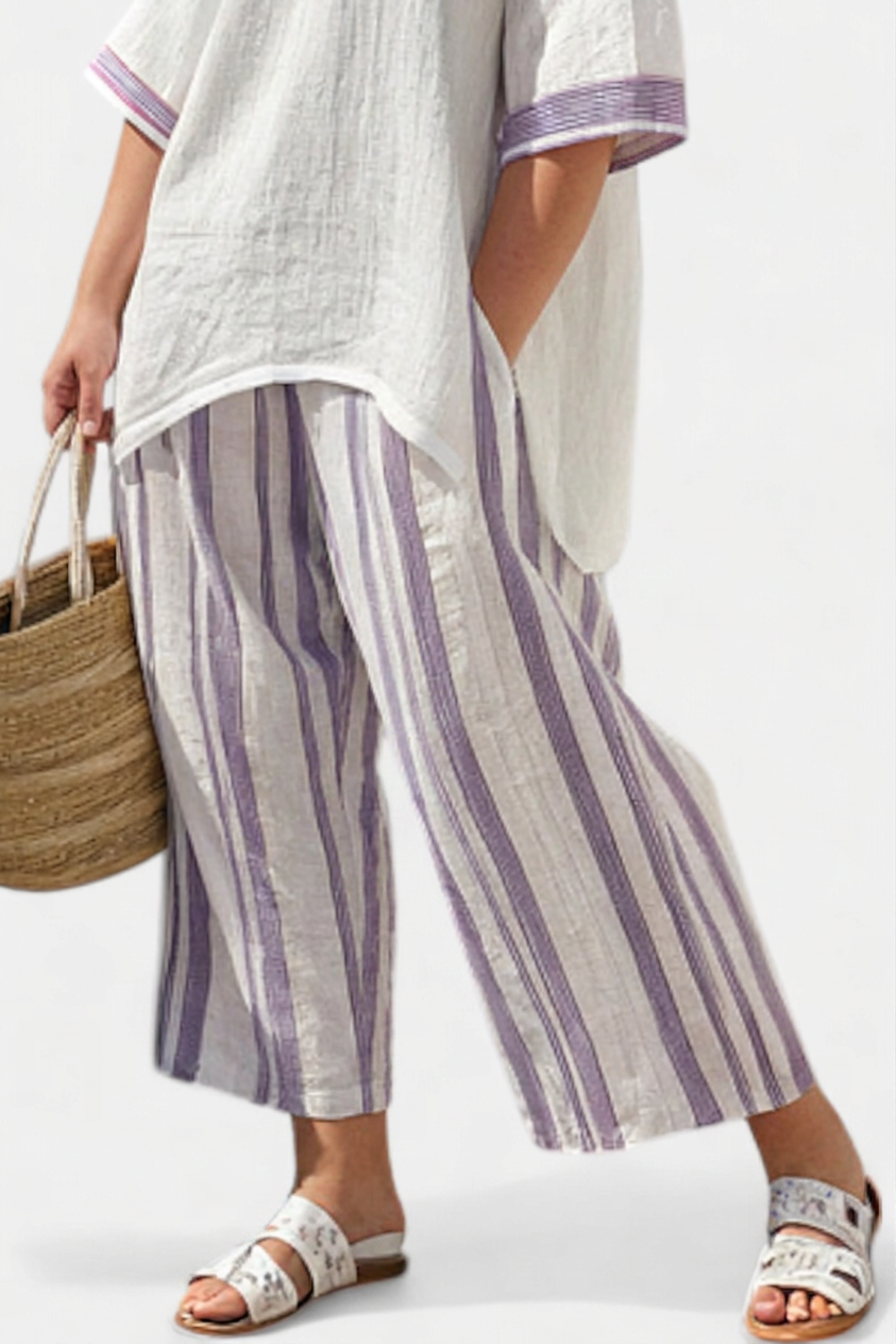 Ariana | Linen Striped V-Neck Two-Piece Set