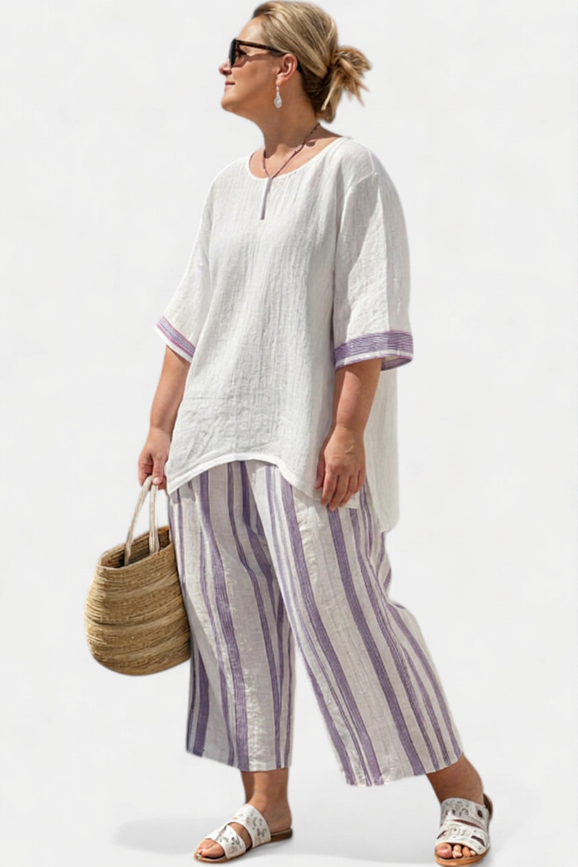 Ariana | Linen Striped V-Neck Two-Piece Set
