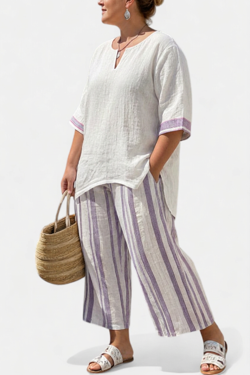 Ariana | Linen Striped V-Neck Two-Piece Set