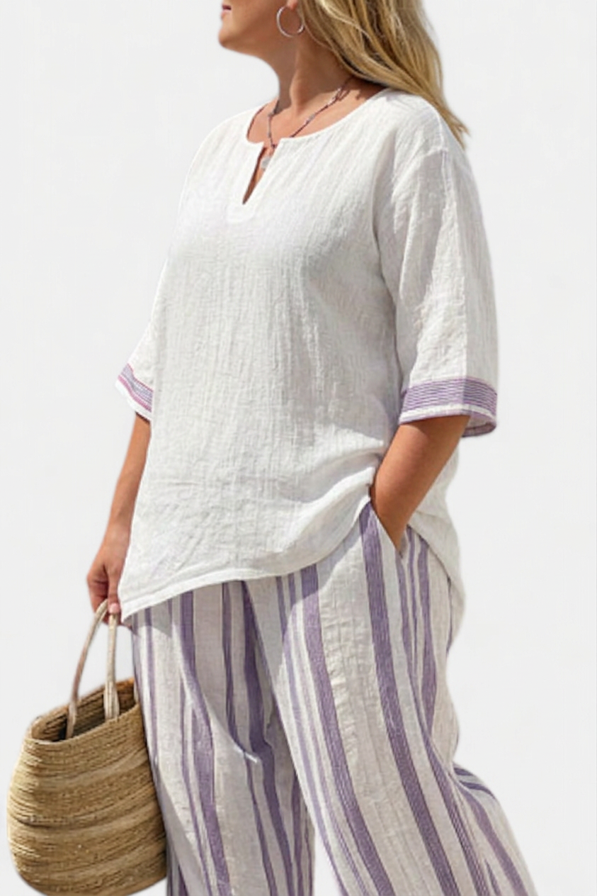 Ariana | Linen Striped V-Neck Two-Piece Set