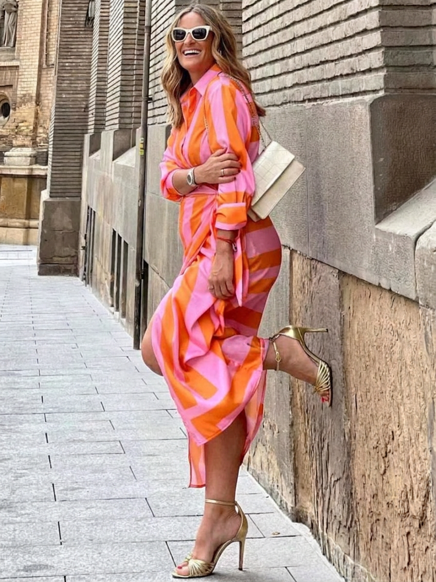 Grace | Satin Striped Collared Maxi Dress