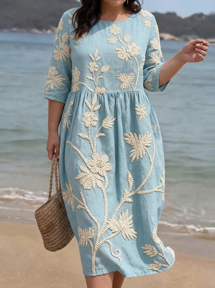 Sasha | Linen Floral Round Neck Midi Dress