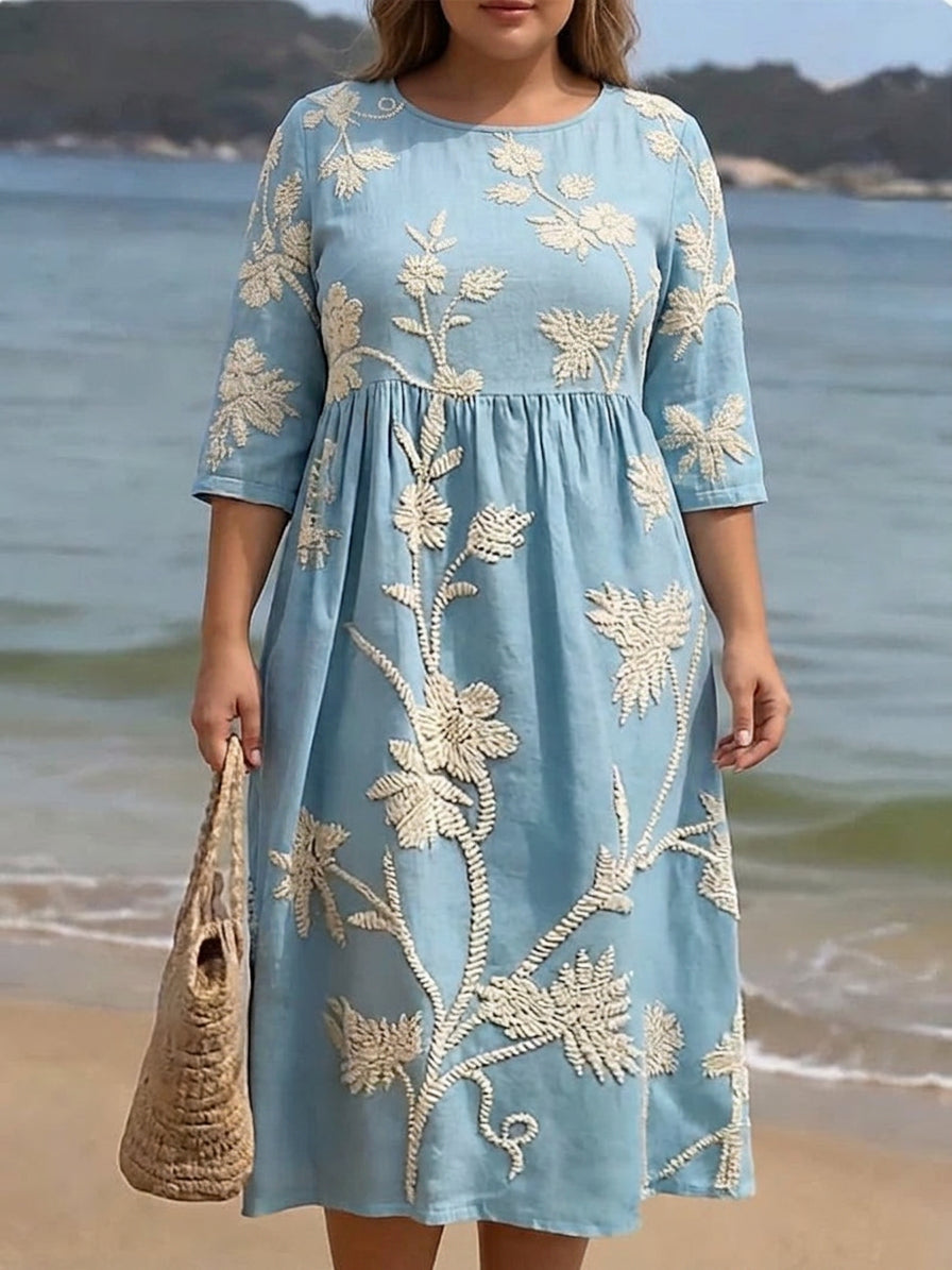 Sasha | Linen Floral Round Neck Midi Dress