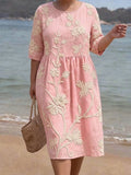 Stella | Linen Floral Round Neck Knee-Length Dress