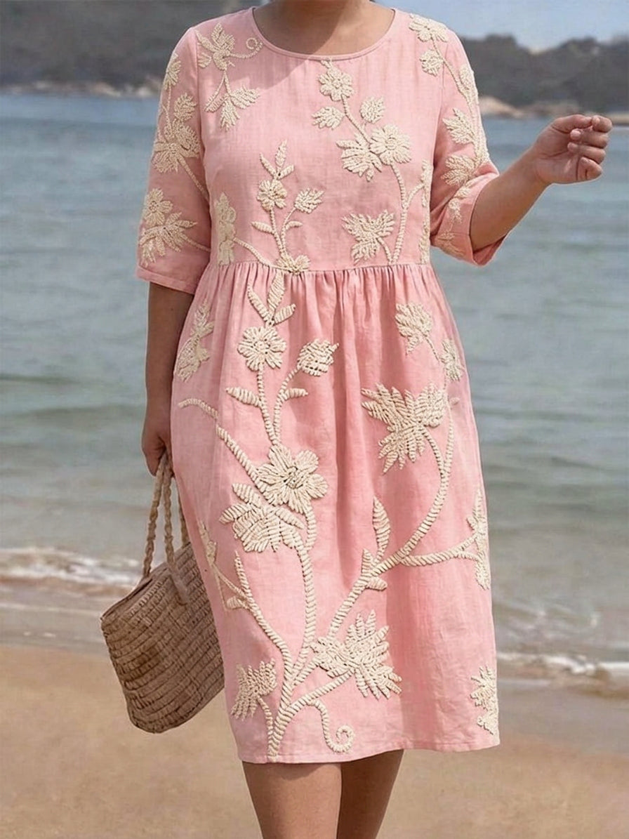 Stella | Linen Floral Round Neck Knee-Length Dress