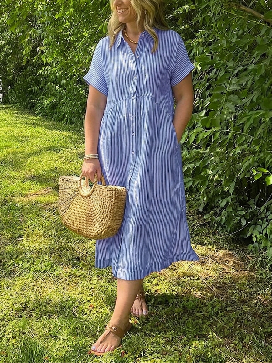 Leona | Linen Striped Collared Midi Dress