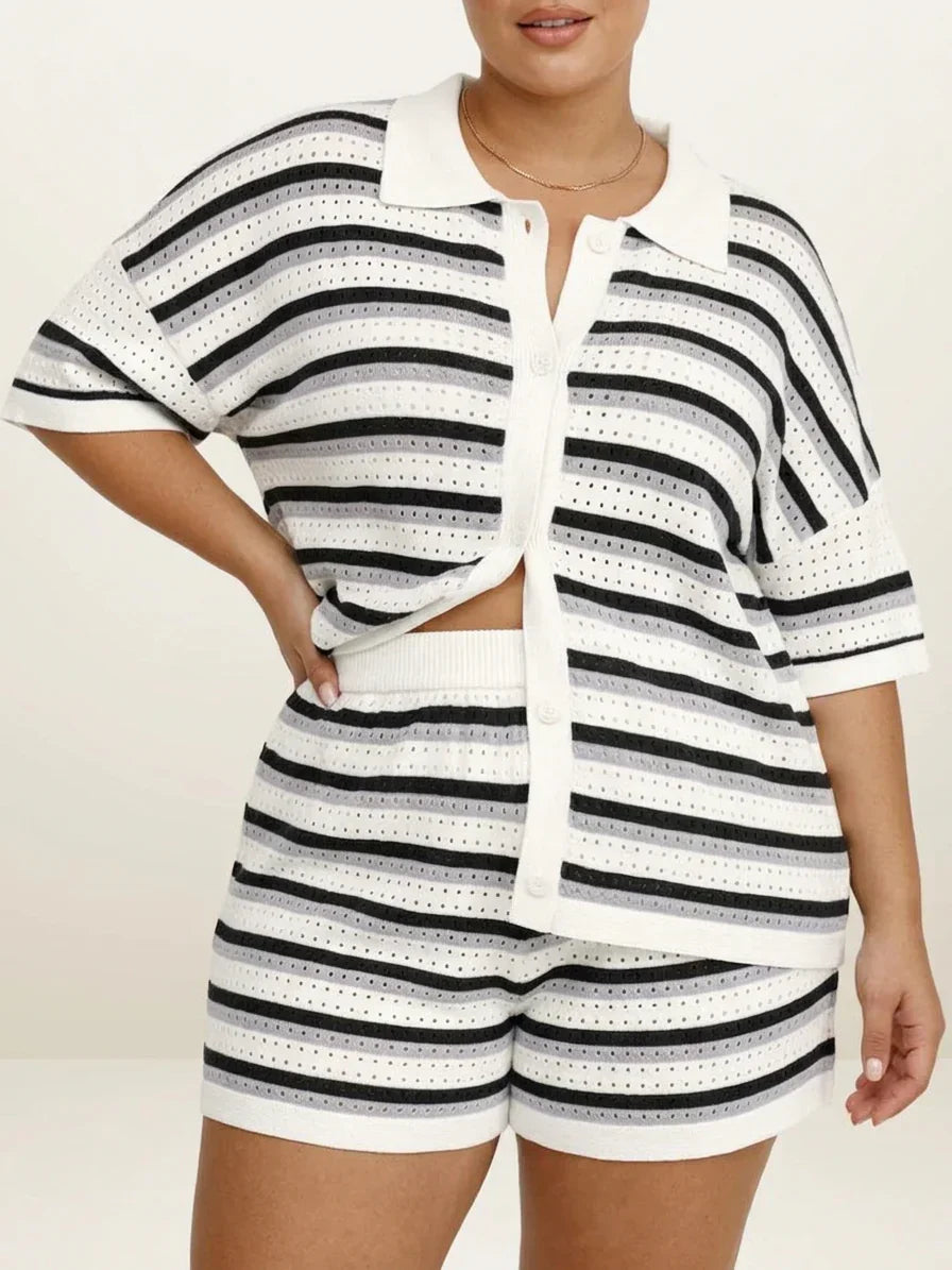 Reagan | Crochet Striped Collared Two-Piece Shorts Set