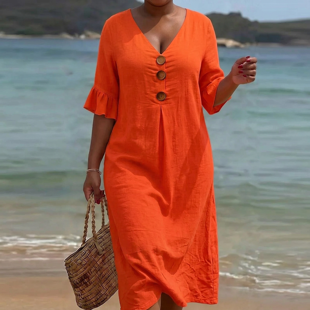 Thelma | Linen V-Neck Midi Dress