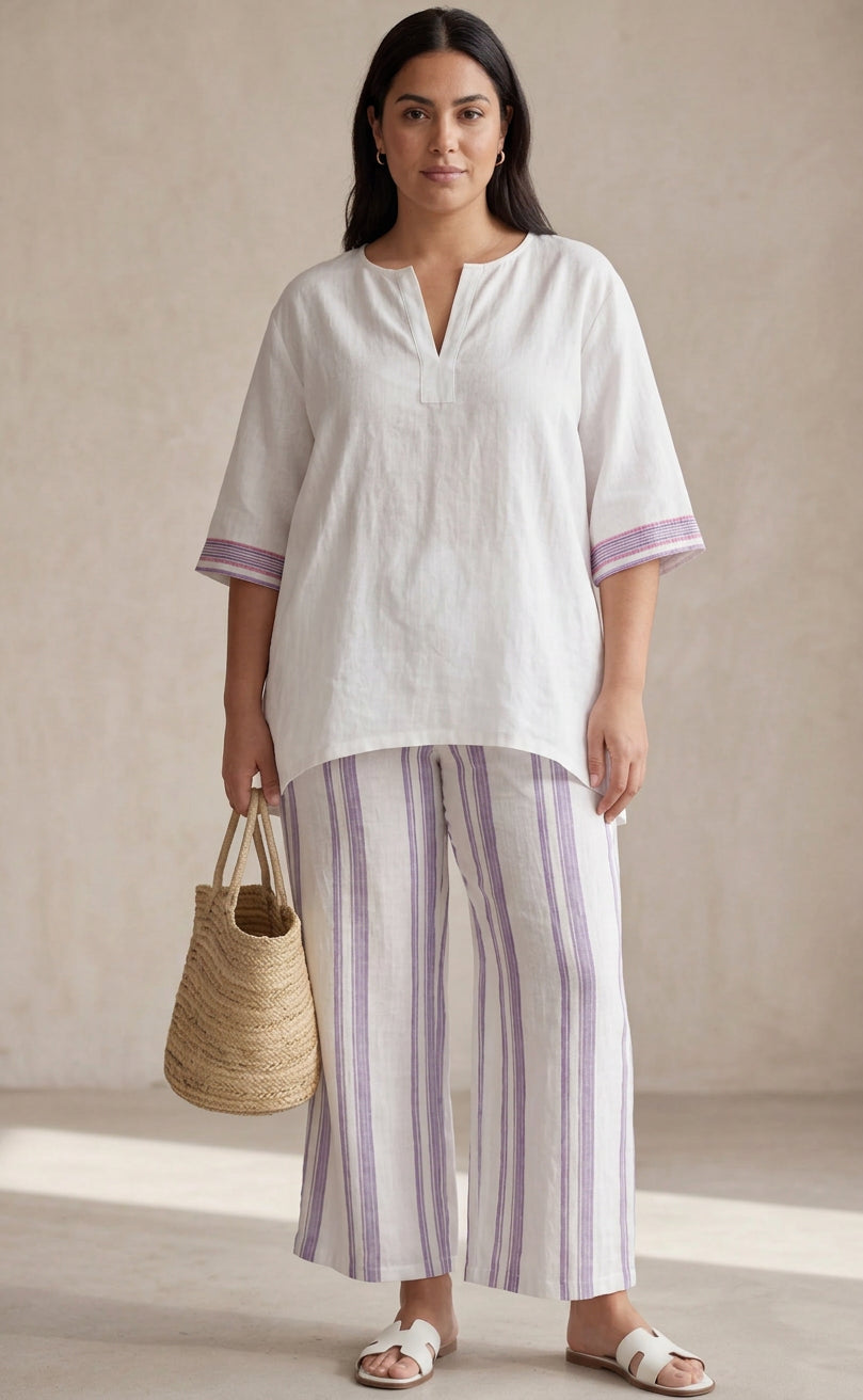 Ariana | Linen Striped V-Neck Two-Piece Set