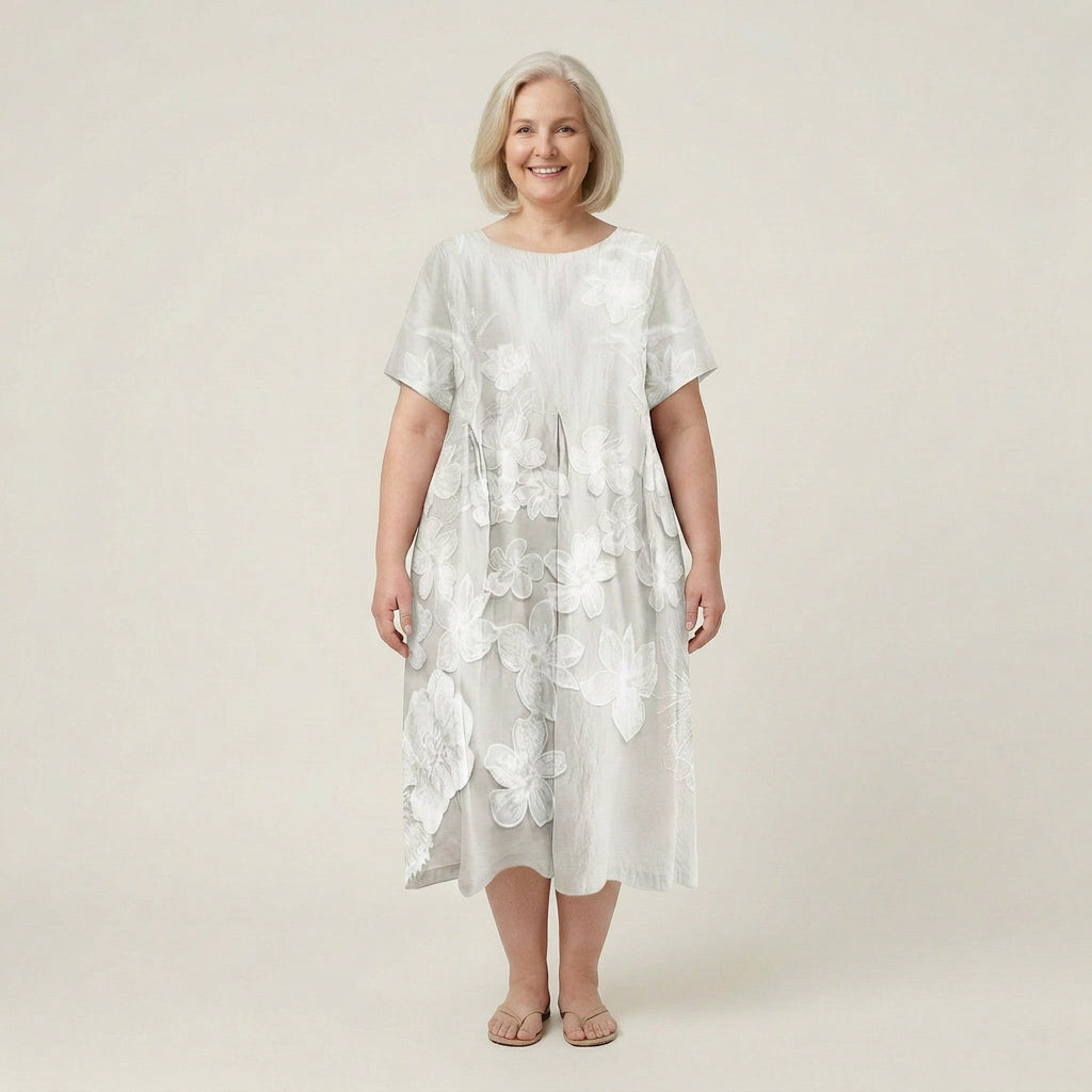 Avery | Linen Floral Round Neck Midi Dress