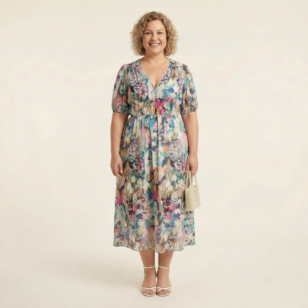 Judith | Chiffon Floral V-Neck Midi Dress