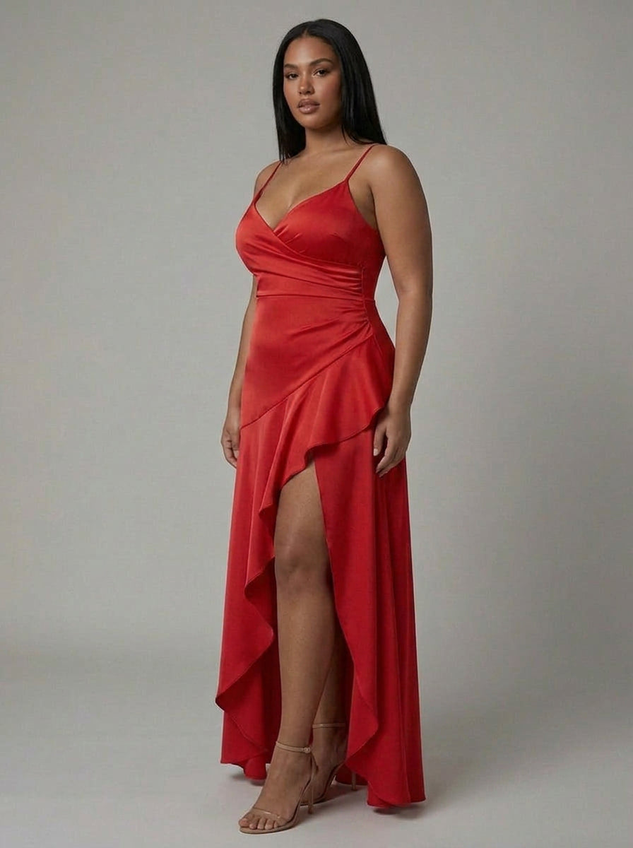 Erin | Satin V-Neck High-Low Maxi Dress