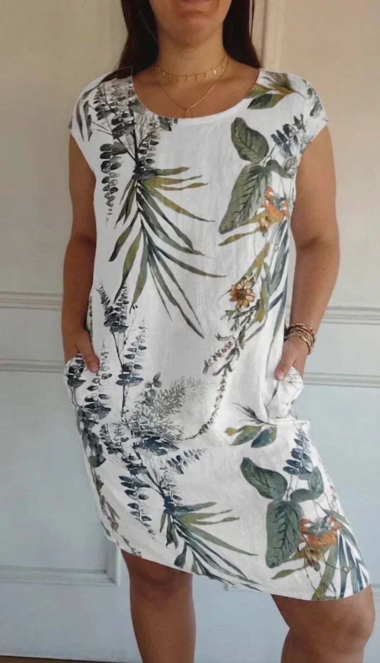 Anastasia Linen Floral Round Neck Knee-Length Dress