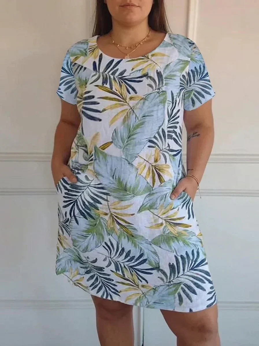 Anastasia Linen Floral Round Neck Knee-Length Dress – view 11