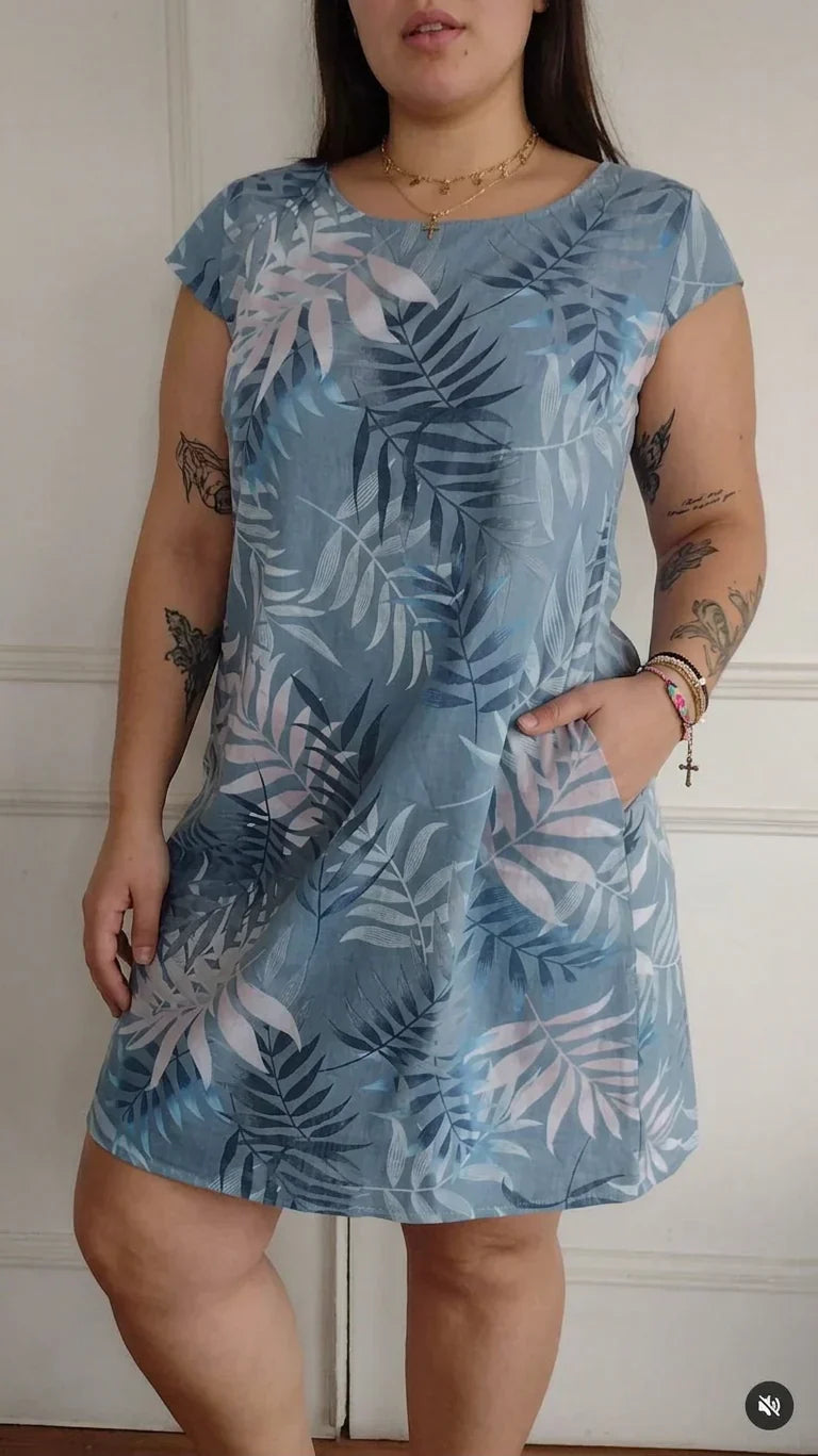 Anastasia Linen Floral Round Neck Knee-Length Dress – view 12