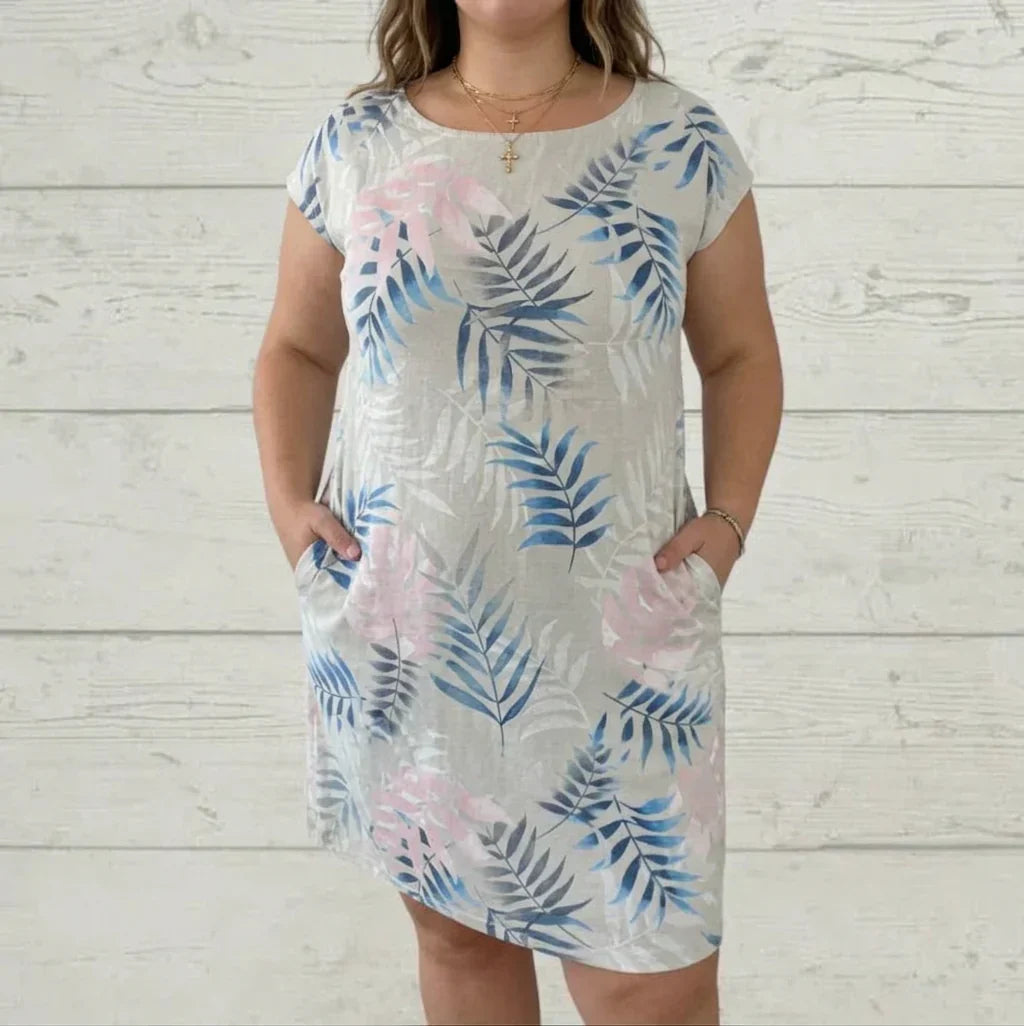 Anastasia Linen Floral Round Neck Knee-Length Dress – view 13