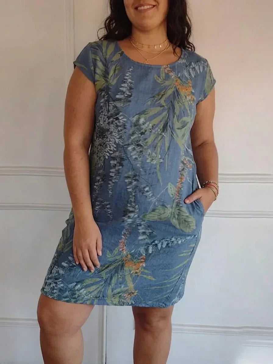 Anastasia Linen Floral Round Neck Knee-Length Dress – view 2