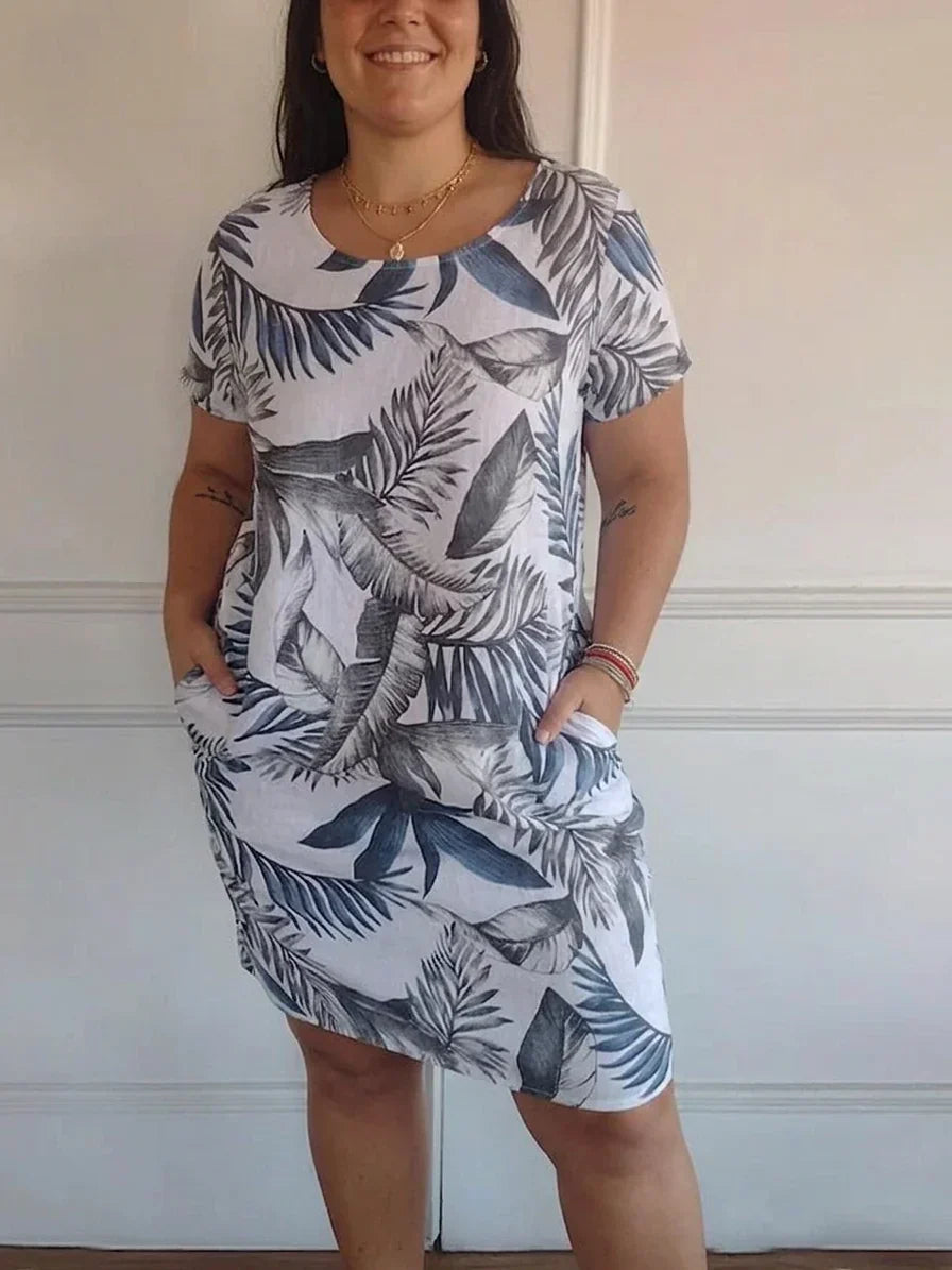Anastasia Linen Floral Round Neck Knee-Length Dress – view 3