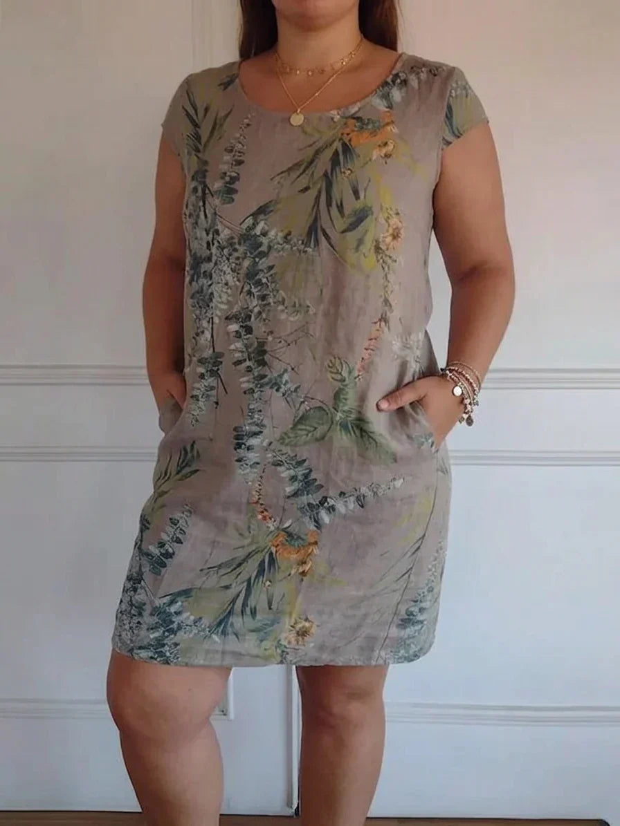 Anastasia Linen Floral Round Neck Knee-Length Dress – view 4