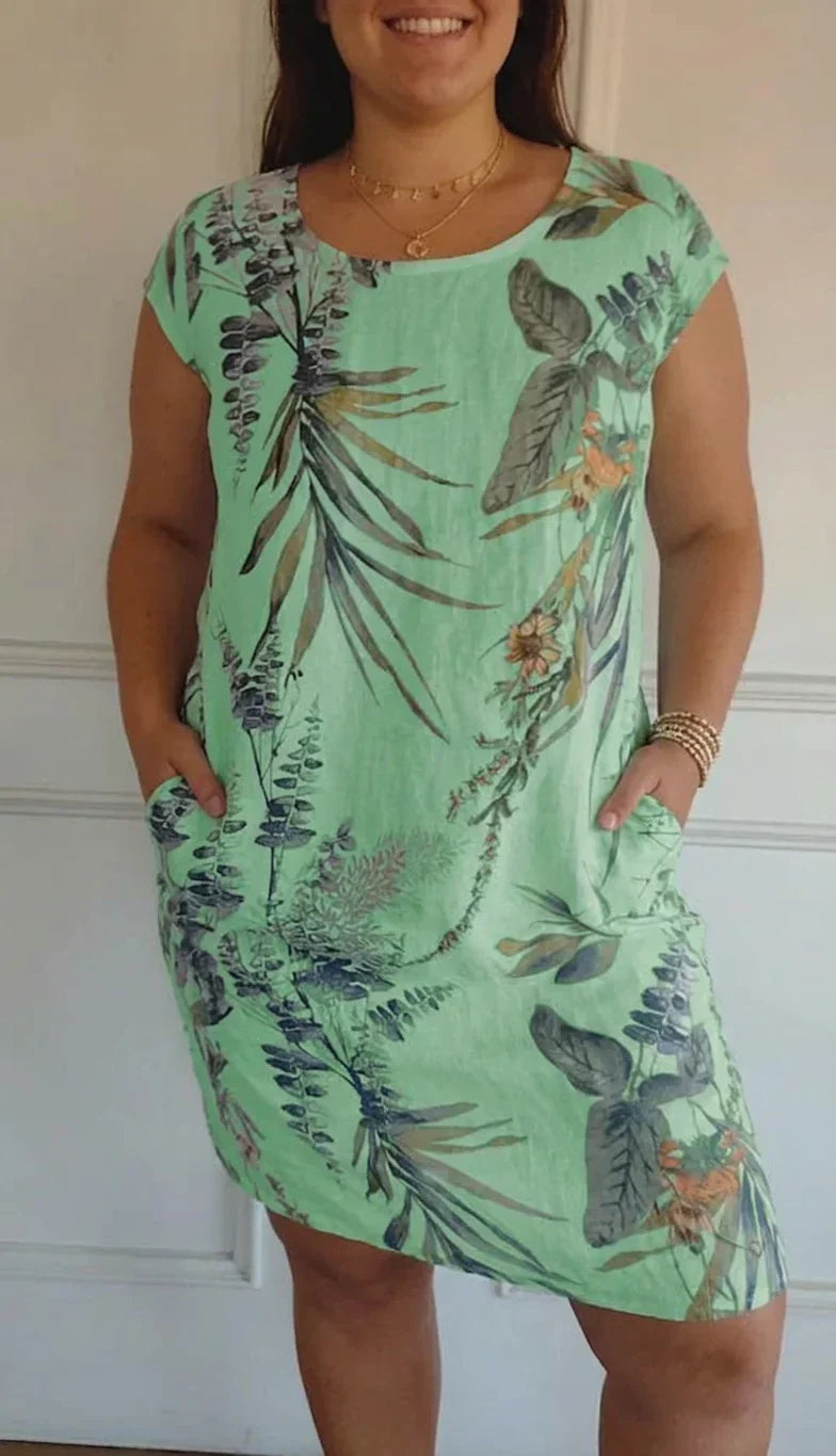 Anastasia Linen Floral Round Neck Knee-Length Dress – view 6