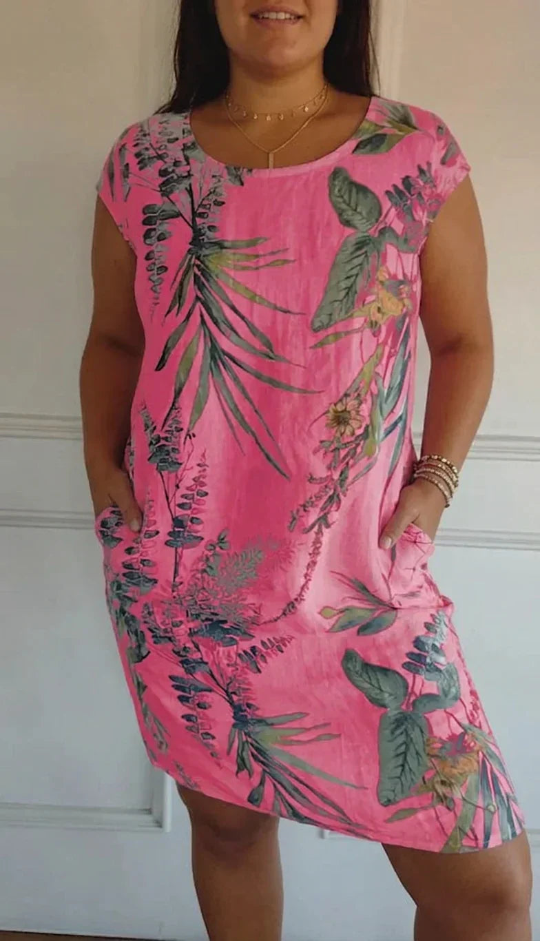 Anastasia Linen Floral Round Neck Knee-Length Dress – view 7