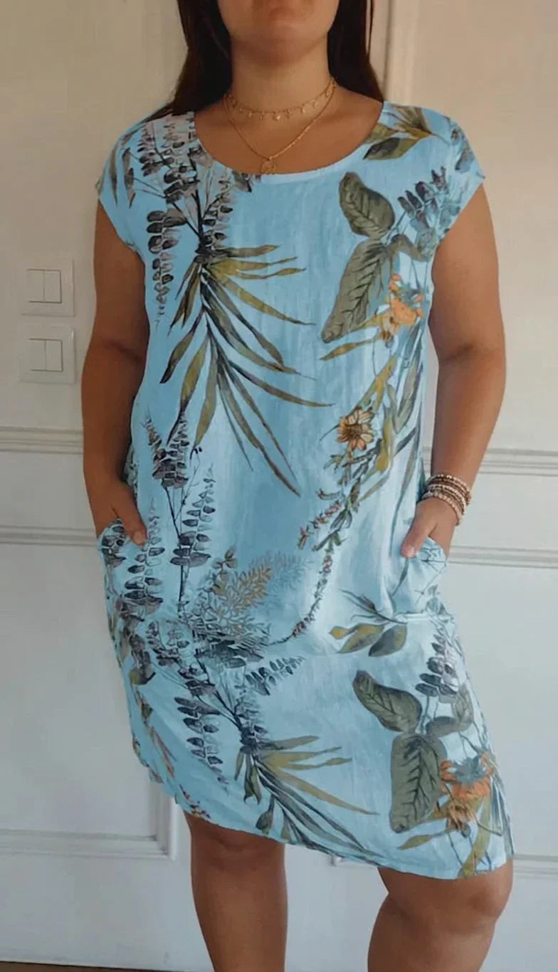 Anastasia Linen Floral Round Neck Knee-Length Dress – view 8