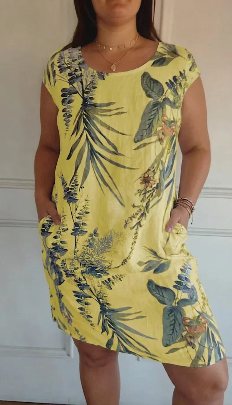 Anastasia Linen Floral Round Neck Knee-Length Dress – view 9