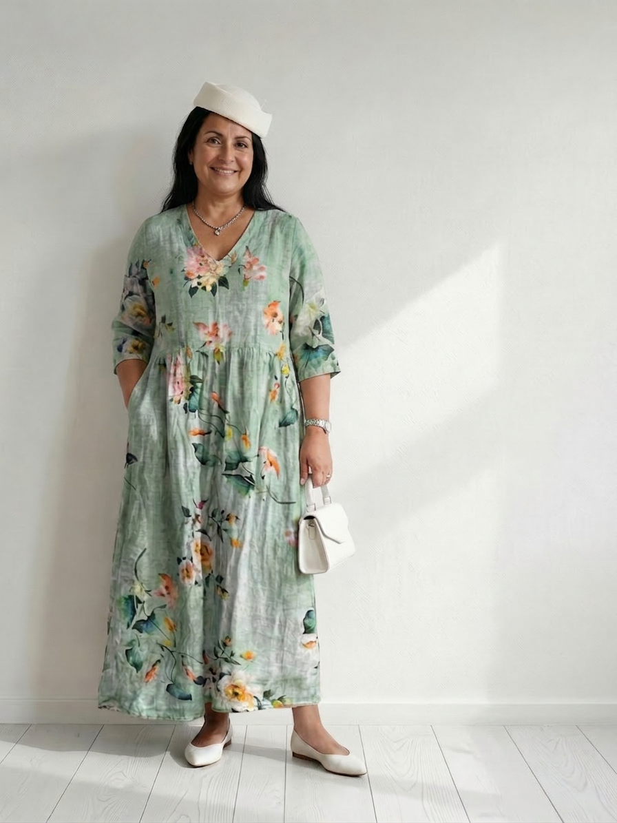 Antonia Linen Floral V-Neck Maxi Dress