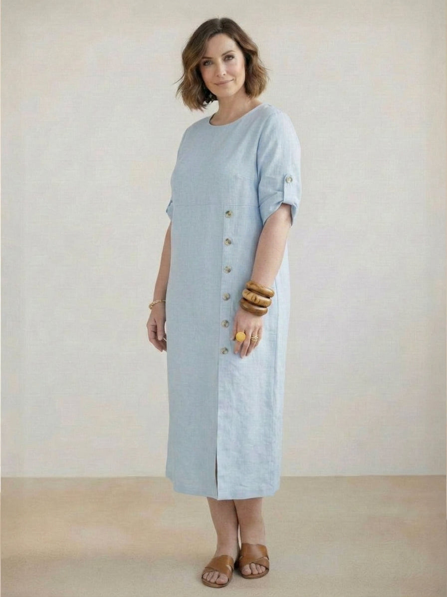 Audrey Linen Round Neck Midi Dress