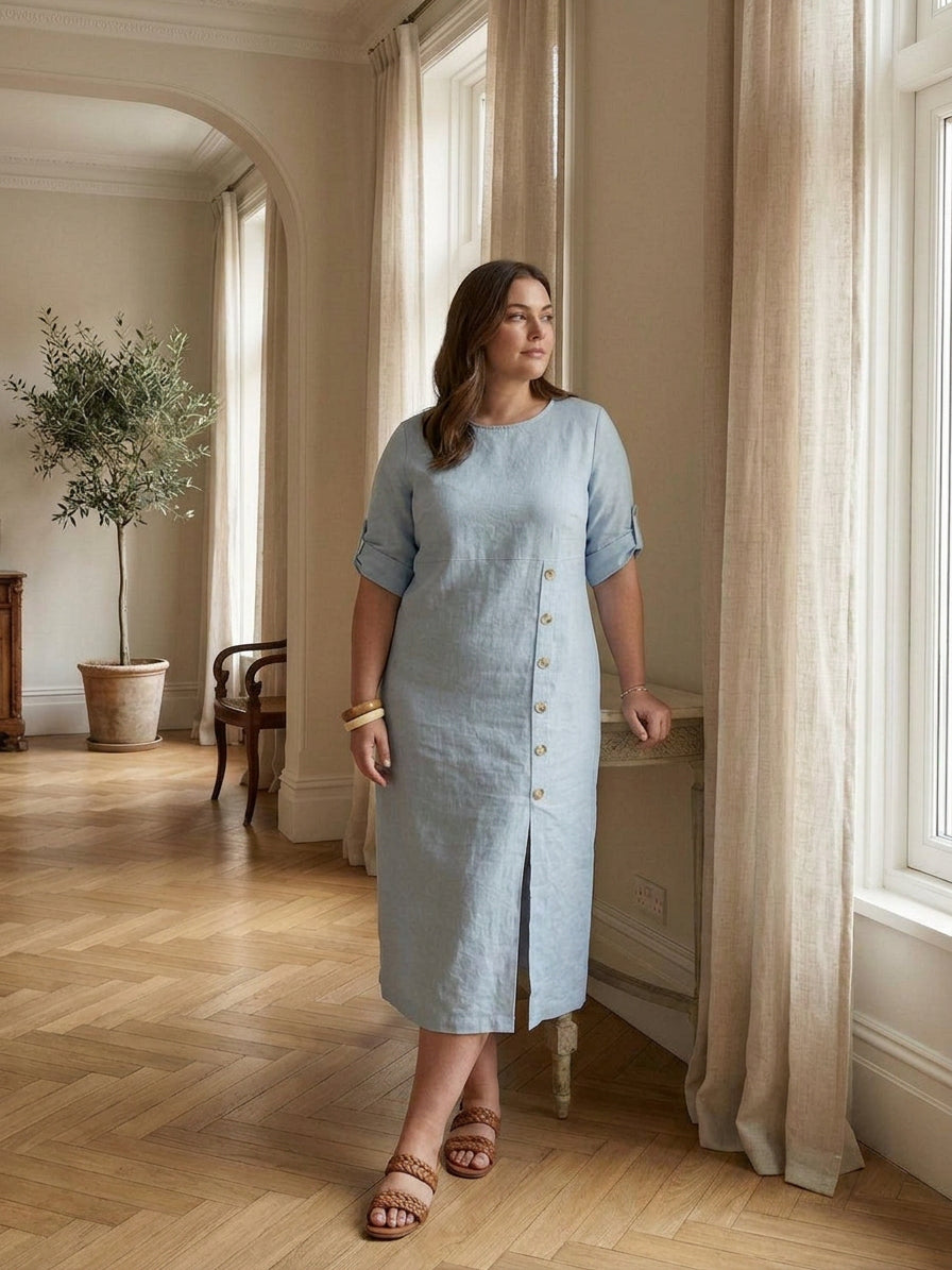 Audrey Linen Round Neck Midi Dress – view 2