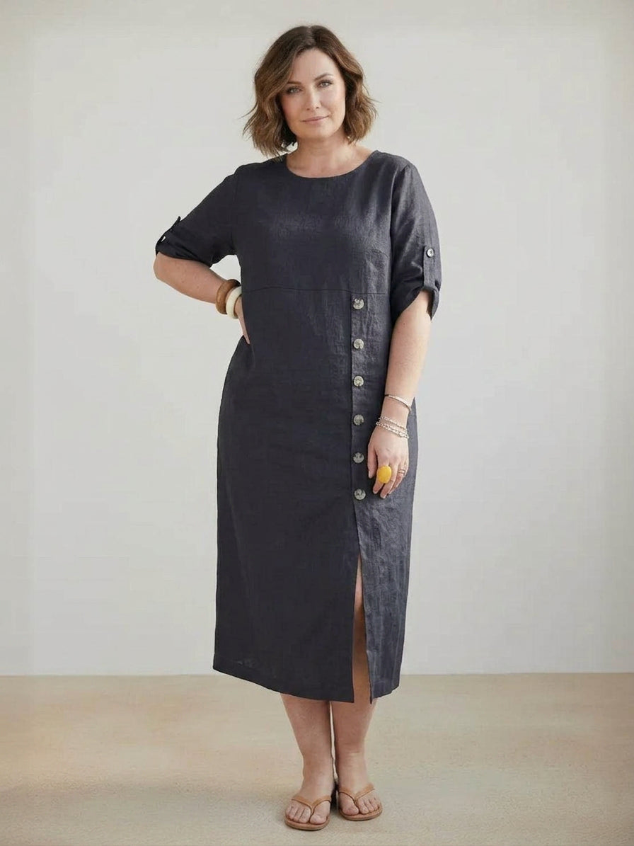 Audrey Linen Round Neck Midi Dress – view 21