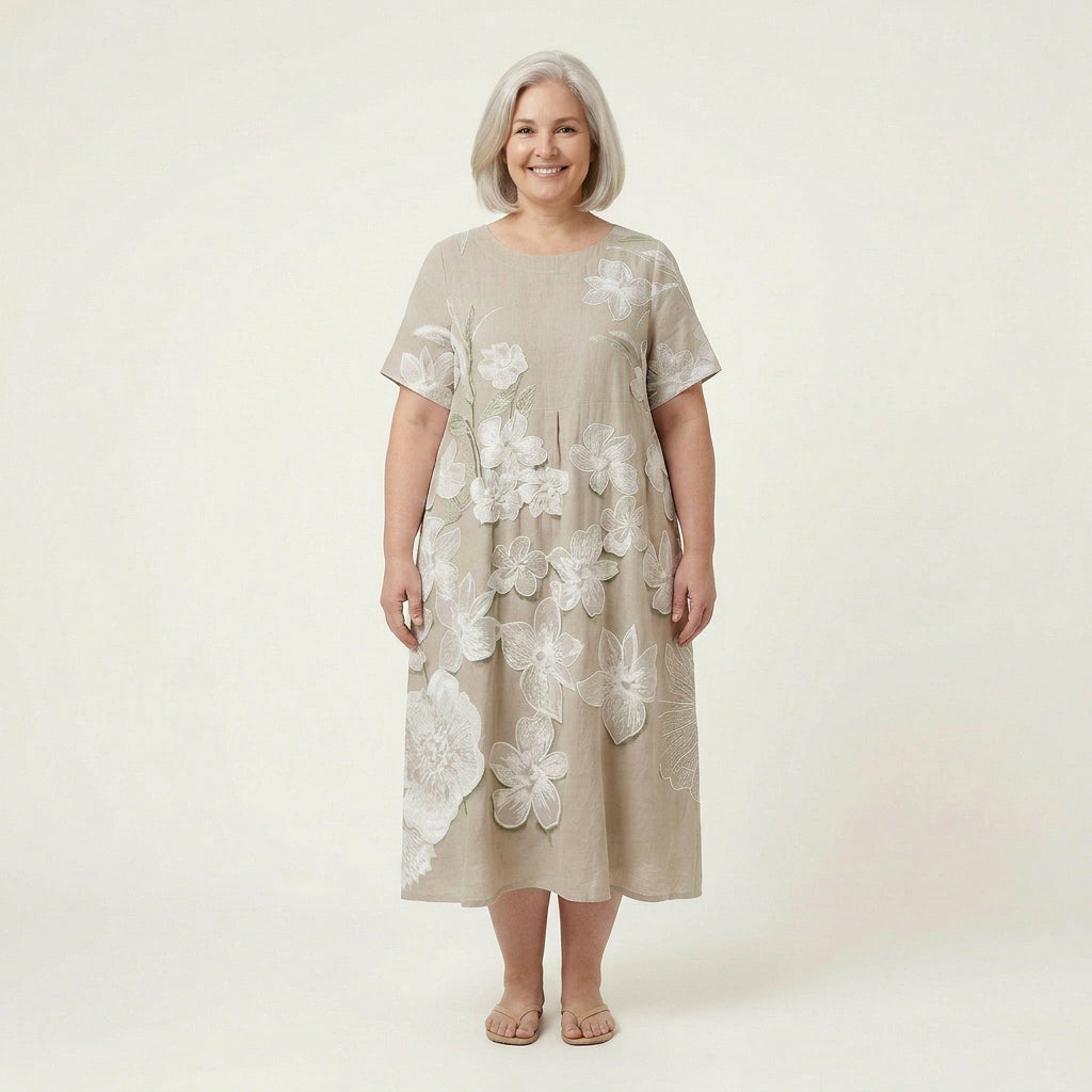 Avery Linen Floral Round Neck Midi Dress
