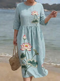 Bella Linen Floral Round Neck Midi Dress