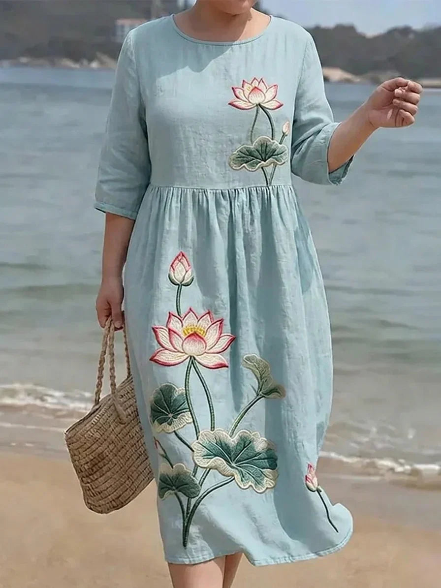Bella Linen Floral Round Neck Midi Dress
